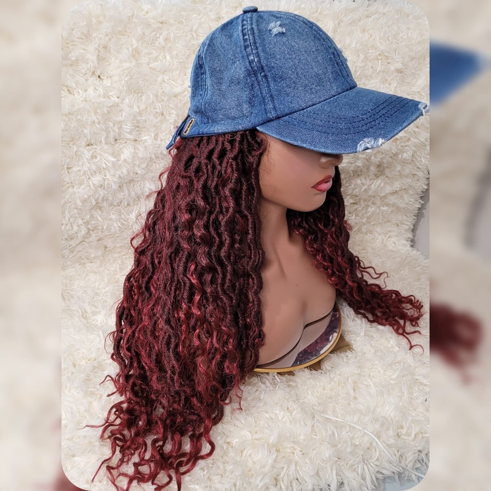 Blue Denim Cap with Red Braided Wig